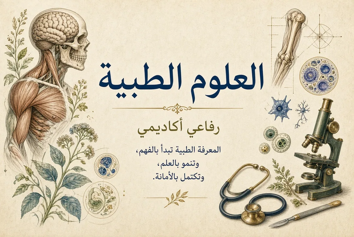 غلاف مجال العلوم الطبية في رفاعي أكاديمي، بتكوين علمي أكاديمي مستوحى من الرسوم الطبية التاريخية.