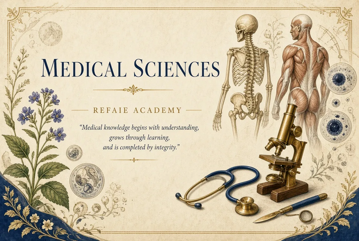 Medical Sciences category cover for Refaie Academy, featuring an elegant scientific composition inspired by historical medical illustrations.